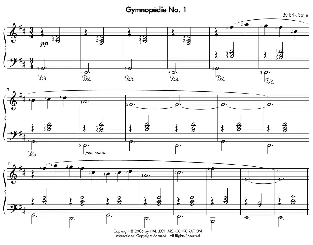 Sheet music: "Gymnopédie No. 1" by Erik Satie with slurs and ties